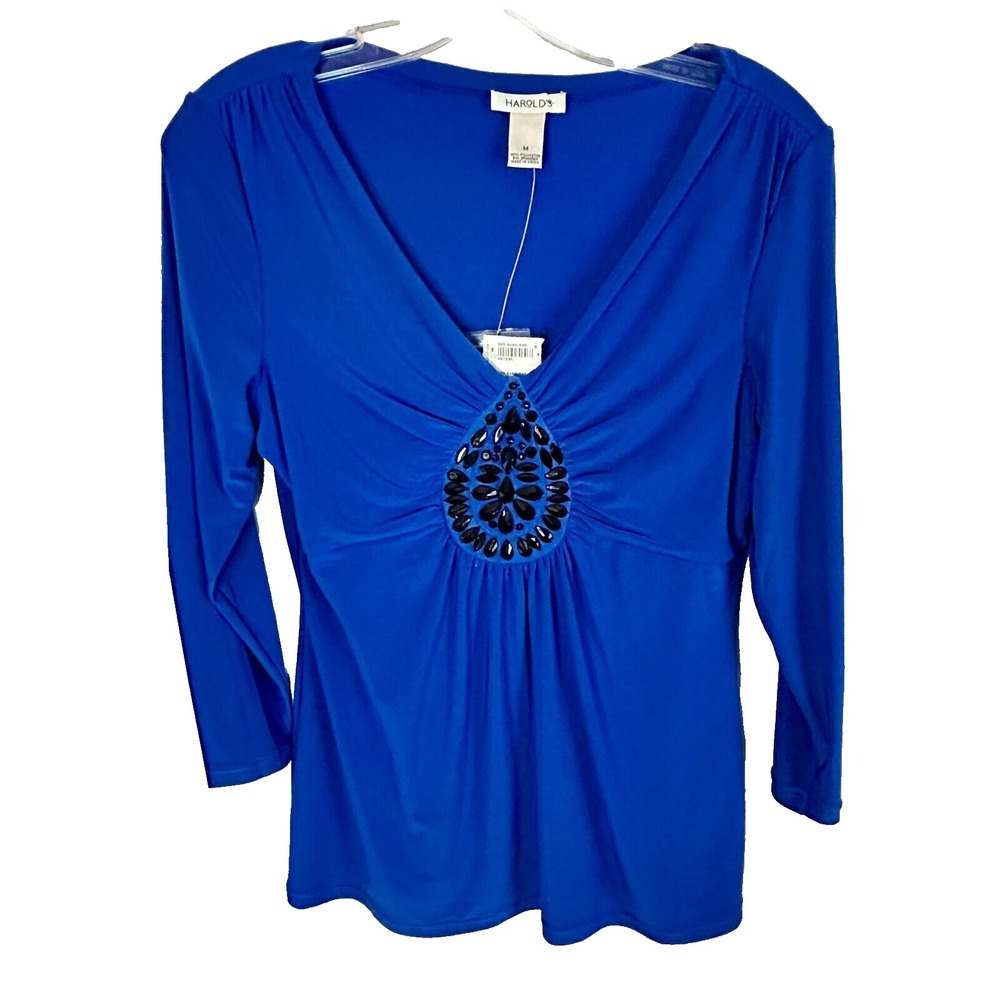 Harolds Womens Medium Blue Embellished Polyester Blend Top NEW (H9)